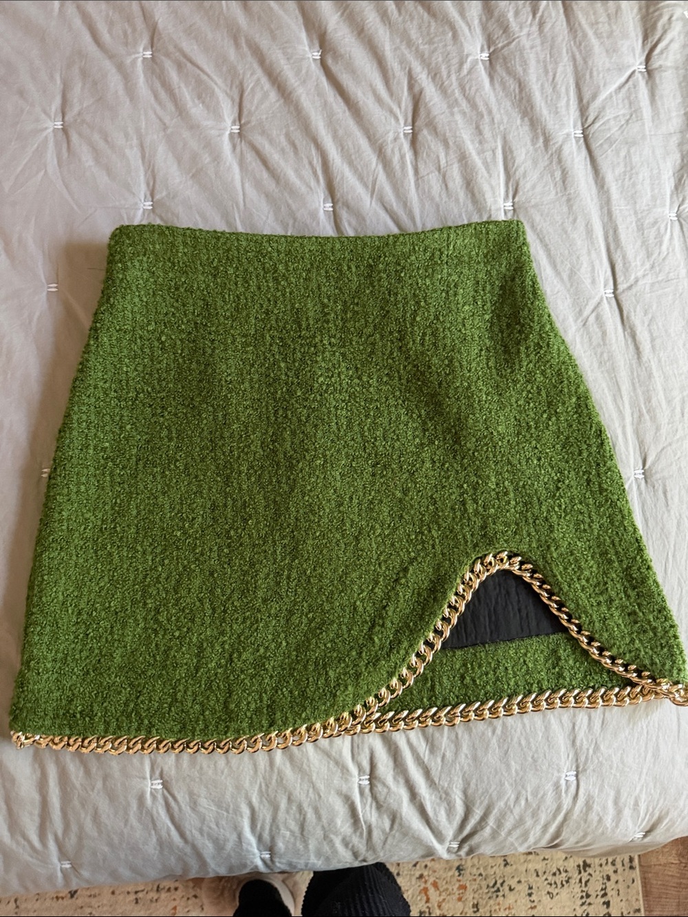 Zara Green Tweed Mini Skirt with Gold Chain Trim